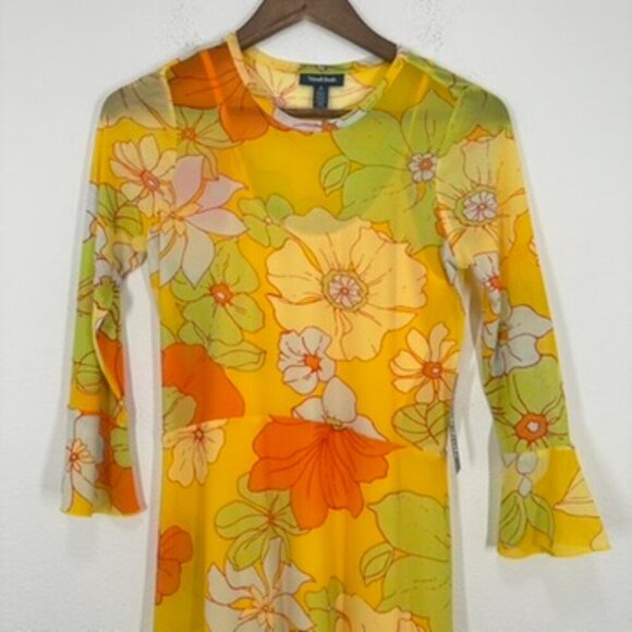 Modcloth Retro Tropicana Isle Mesh Midi Dress Yellow Orange 70s Womens Small NWT - Picture 2 of 9